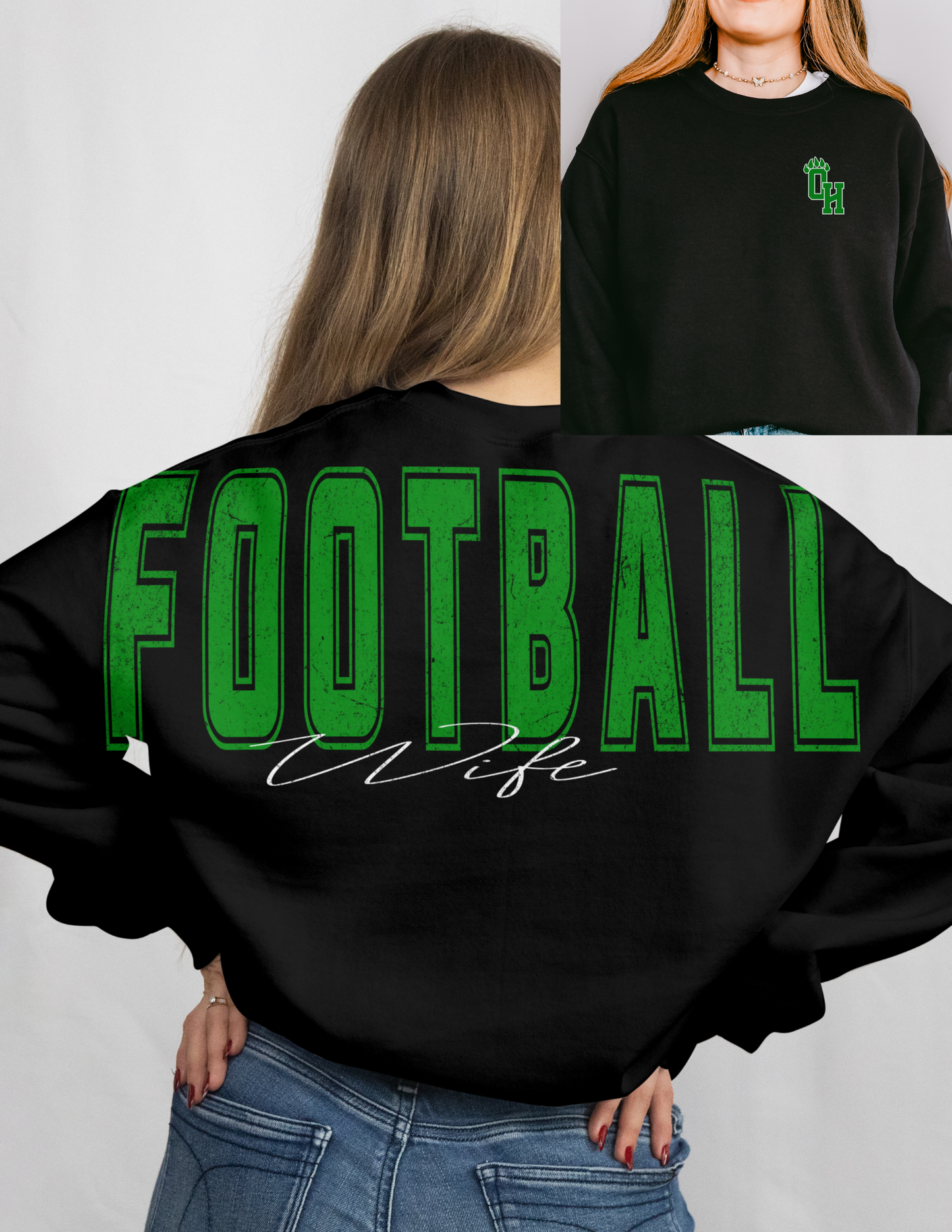 Ottawa Hills Solid Green Football Wife Big Back Crewneck
