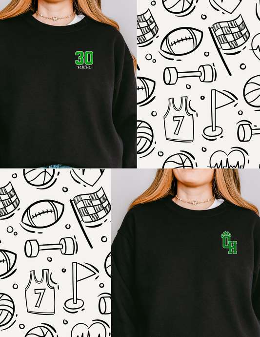 Ottawa Hills Green and White Football Mom Big Back Crewneck